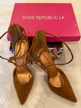 Shoe Republic LA Faux Suede Brown Lace-Up Pointed Toe Heels